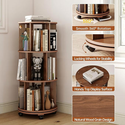 3-Tier Rotating Bookshelf on Wheels, 360° Spinning Bookshelf Tower, Round - Image 7