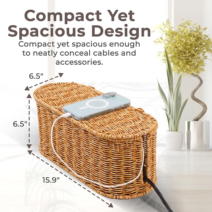 Cable Management Box, Handmade Rattan Cable Organizer, 2 Open Slots Cords Hider - Image 2