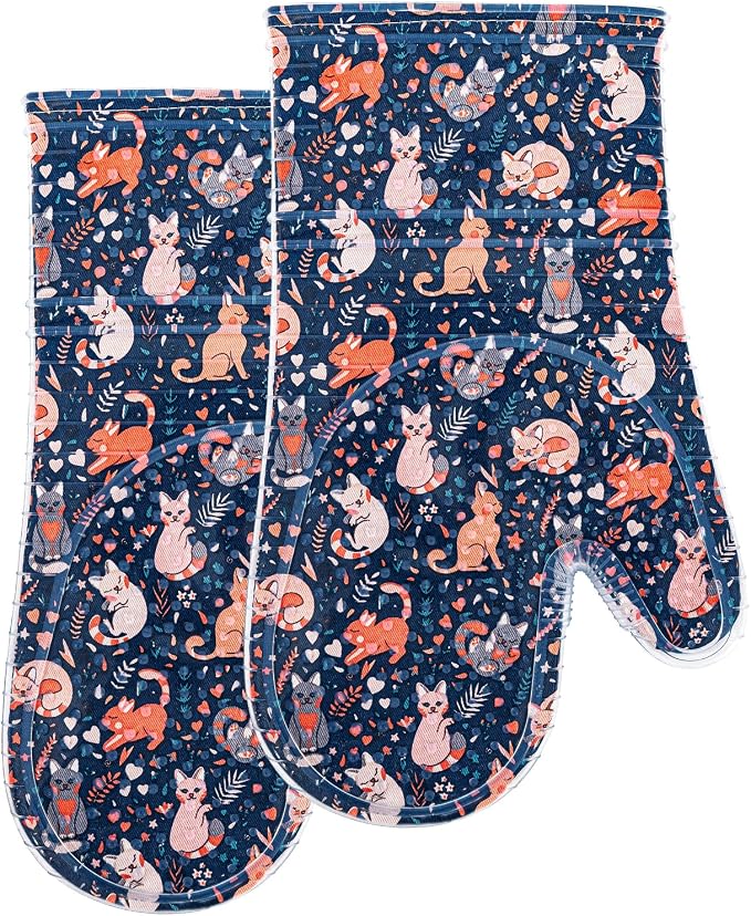 Oven Mitts Set of 2 with Transparent Clear Silicone Shell and Nice cat Printing by REDLMLDETA
