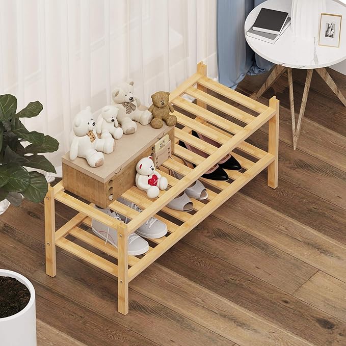 Shoe Rack, 2-Tier Bamboo Stackable Shelf Storage Organizer, Stand - Image 5