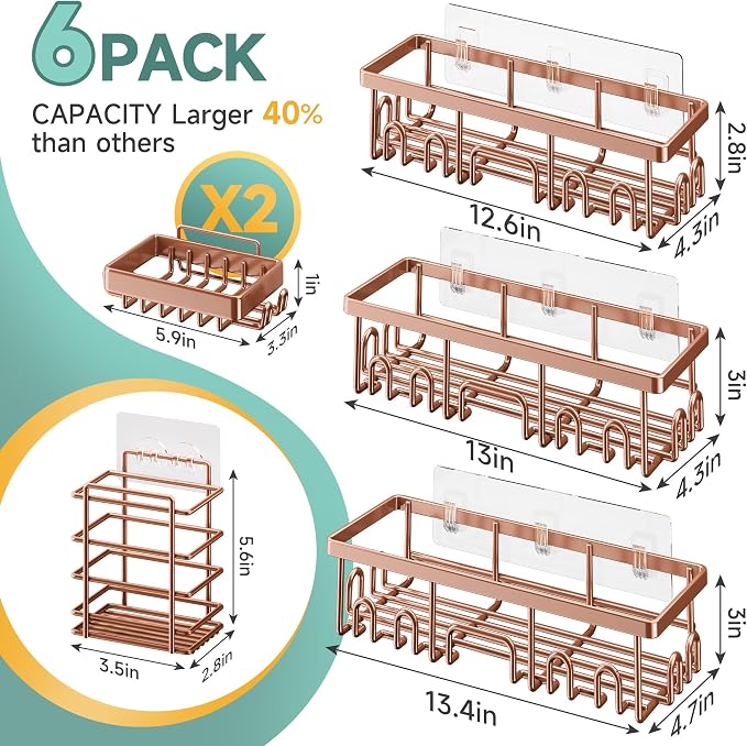 Veken Shower Caddy 6-Pack, No Drilling & Rustproof, Waterproof Adhesive Shelves - Image 7