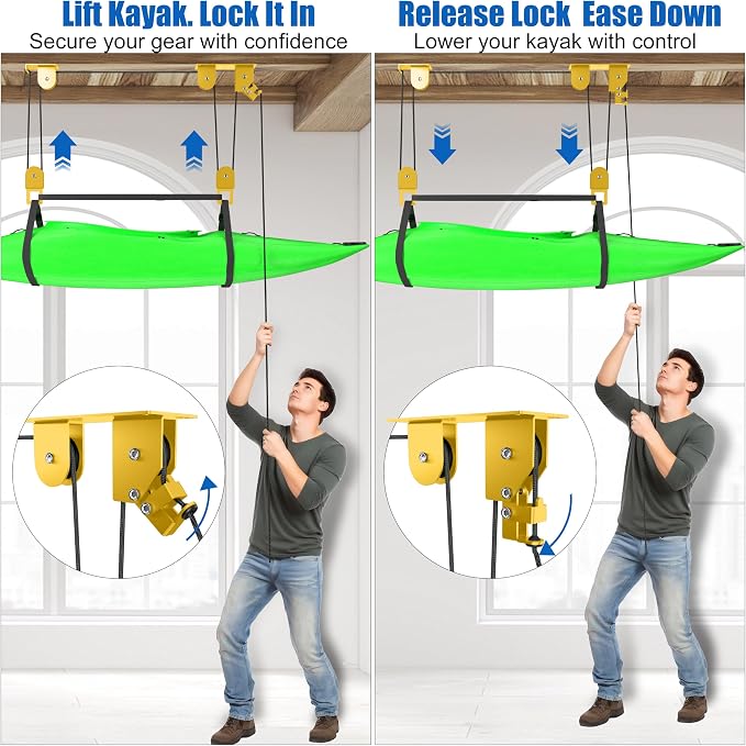 2 Pack Kayak Hoist for Garage Ceiling Storage, Kayak Lift Pulley System - Image 3