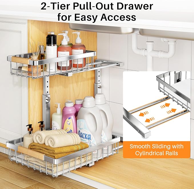 PXRACK Under Sink Organizer, Adjustable Height, 2 Tier Pull Out Cabinet - Image 3