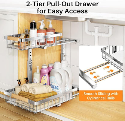 PXRACK Under Sink Organizer, Adjustable Height, 2 Tier Pull Out Cabinet - Image 3