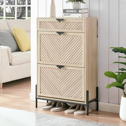 Shoe Cabinet with 2 Flip Drawers, Narrow Entryway Rack, Oak | Slanted Wood Grain by VIPLUMI