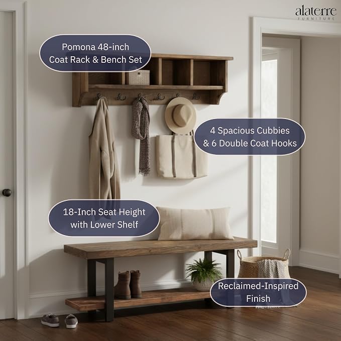 Pomona Solid Wood Entryway Bench and Coat Rack Set, Rustic Brown, 48 Inch | - Image 3