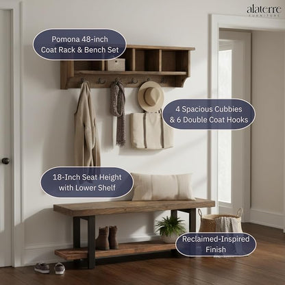 Pomona Solid Wood Entryway Bench and Coat Rack Set, Rustic Brown, 48 Inch | - Image 3
