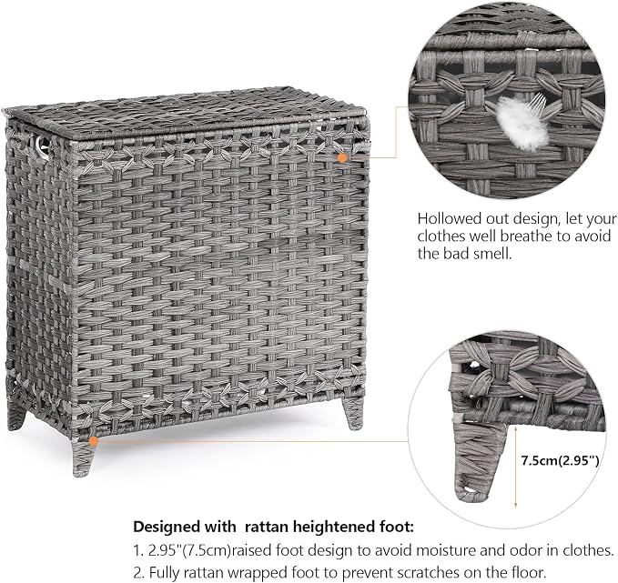 Laundry Hamper with 3 Removable Liner Bags; 132L Handwoven Rattan Laundry - Image 5