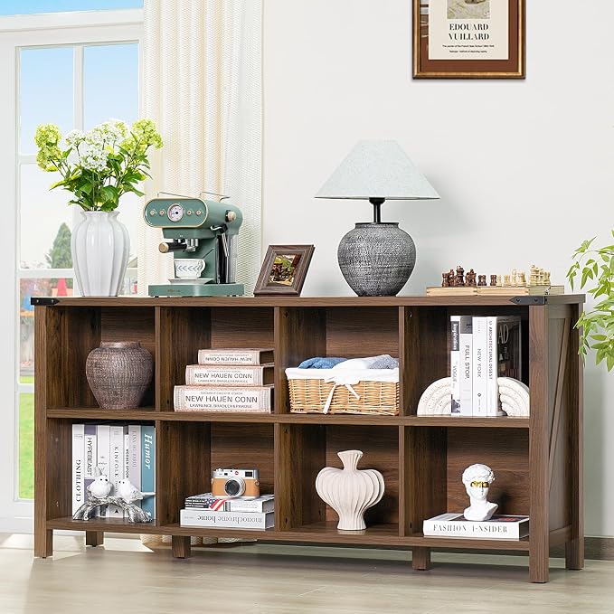 8 Cube Book Shelf, Farmhouse Wood Long Storage Organizer Bookcase, Hallway TV - Image 3