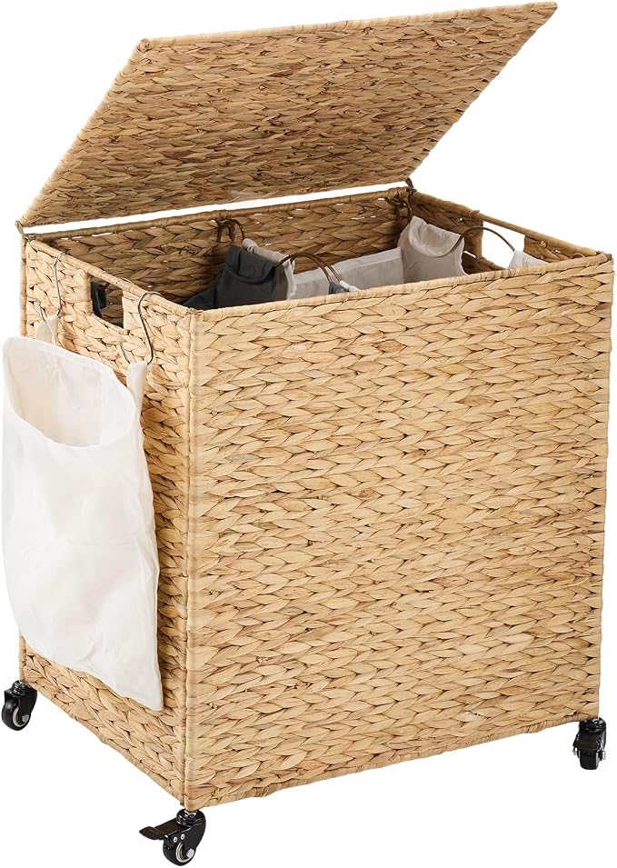 Laundry Hamper with Wheels, 40.92 Gallon Water Hyacinth Laundry Basket with Lid by ZeeingHom