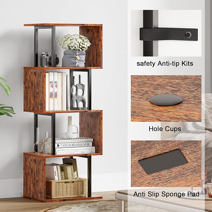 Furologee 5 Tier Bookshelf, S Shaped Geometric Bookcase, Narrow Freestanding - Image 6