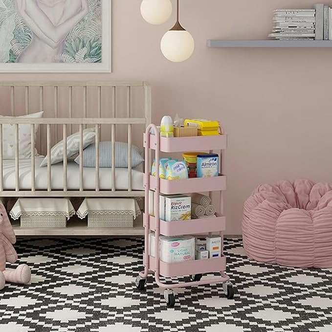 4 Tier Metal Rolling Cart Pink Utility Cart - Image 9
