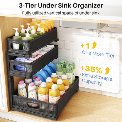 Under Sink Organizer, Height Adjustable Slide out Storage Drawer Rack - Image 3
