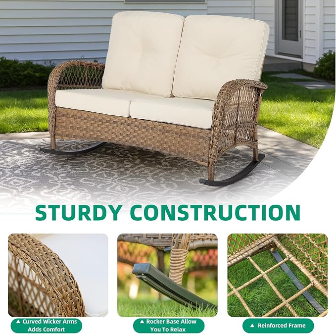 VIVIJASON Outdoor Wicker Loveseat Rocking Chair, 2-Person Patio Rattan Double - Image 5