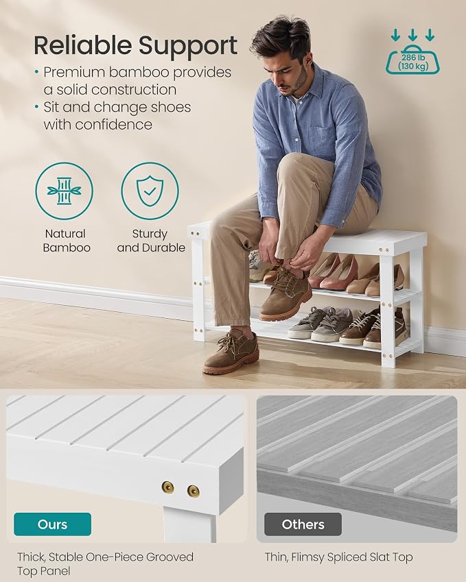 SONGMICS Shoe Rack Bench, 3-Tier Bamboo Shoe Storage Organizer, Entryway Bench - Image 5