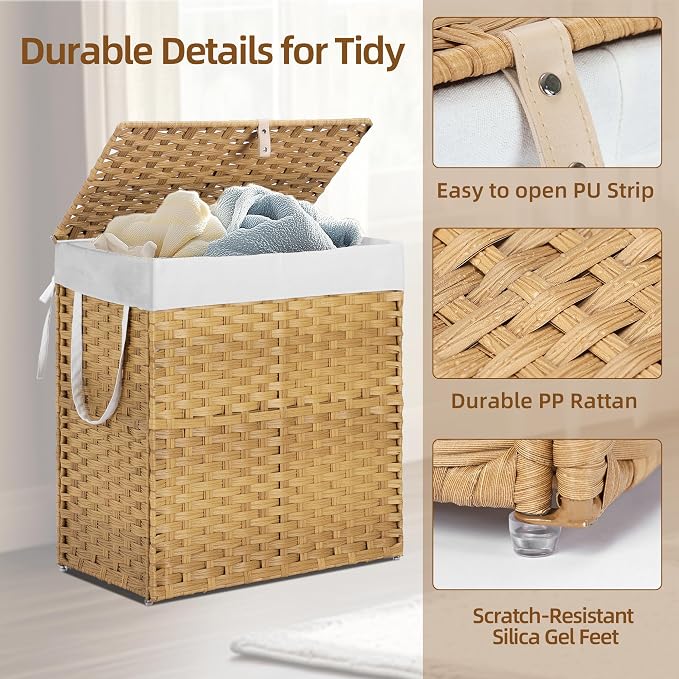 Woven Laundry Basket with Lid, Large Hamper with Removable and Machine-Washable - Image 3