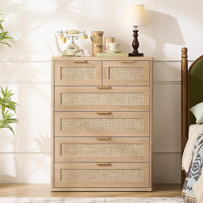 LEYAOYAO Rattan Dresser for Bedroom Set of 2, Modern 6 Drawers Boho Dressers - Image 6
