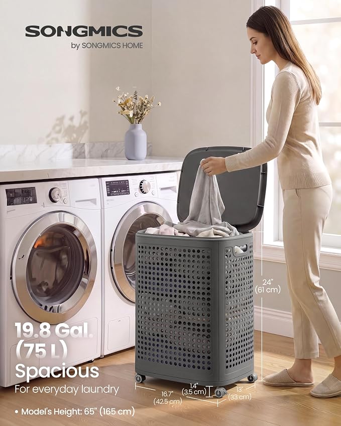 SONGMICS Laundry Hamper with Wheels, Plastic Laundry Basket, 19.8 Gallons - Image 2