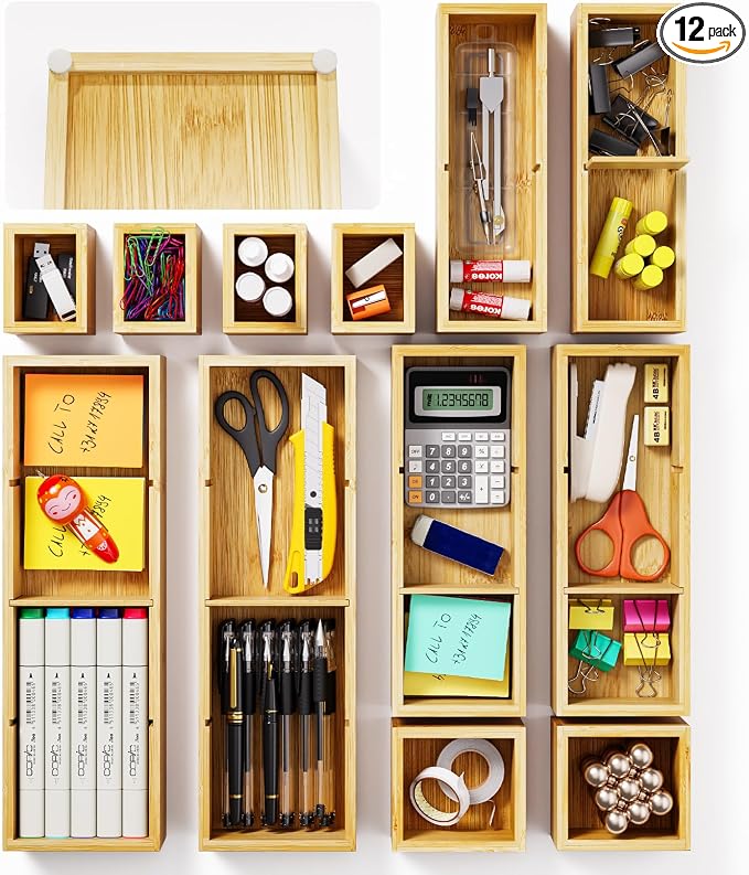 12-Piece Bamboo Desk Drawer Organizer Tray – Adjustable Storage Boxes by VA1KENE