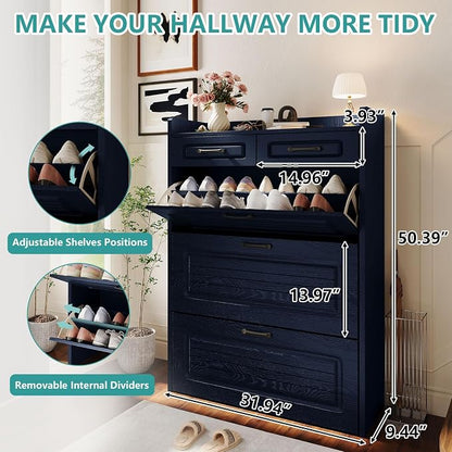 Shoe Cabinet with 3 Large Flip Drawers and 2 Storage Drawers, Narrow Shoe - Image 2