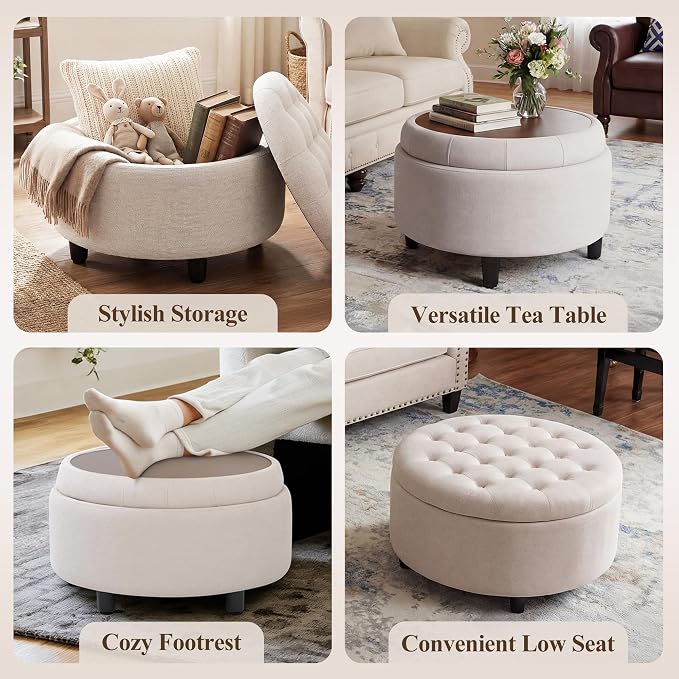 COLAMY Fabric Round Storage Ottoman - Image 6