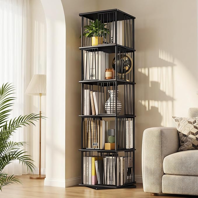 Black Rotating Bookshelf Tower 360° 5 Tier Tall Revolving Bookcase | Narrow by Aylenic