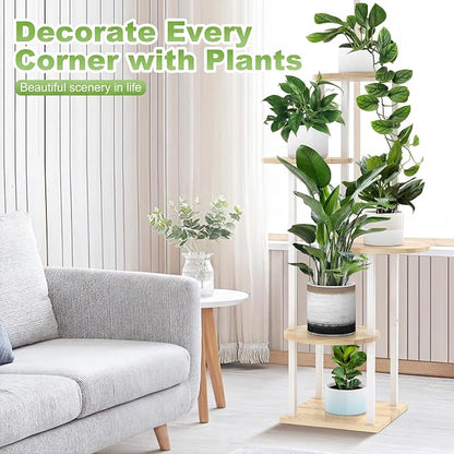 5 Tier Wood Tall Plant Stand Metal Rack Indoor, Round Planter Shelf Display - Image 4