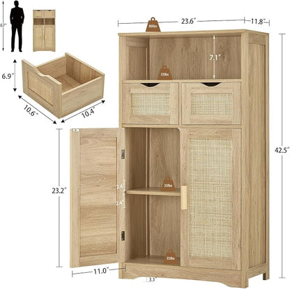 Iwell Storage Cabinet with 2 Drawers & Adjustable Shelves, Rattan Cabinet - Image 3