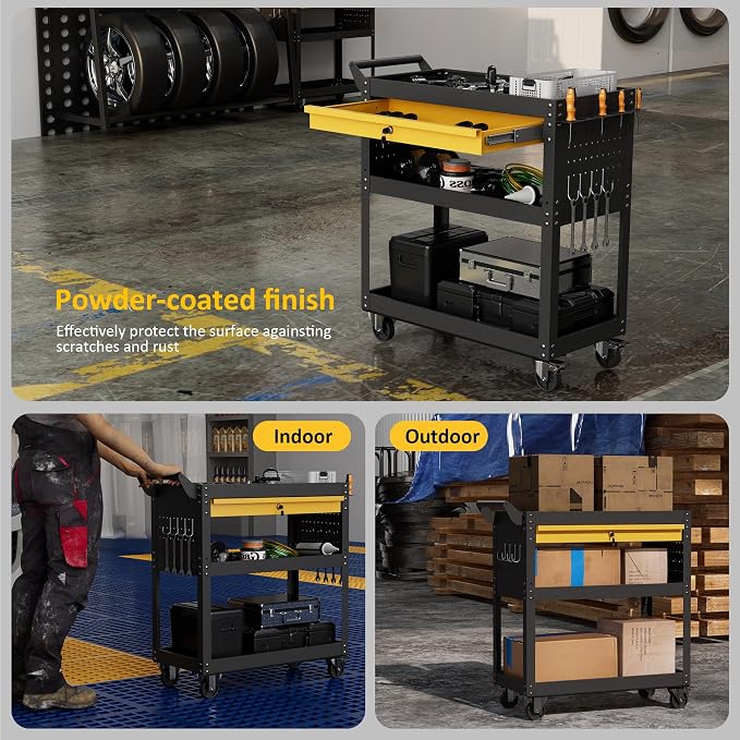 3 Tier Rolling Tool Cart on Wheels, Heavy Duty Utility Cart, Work Cart - Image 7