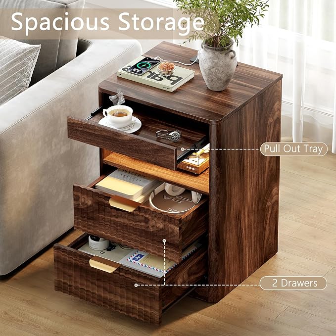 REAHOME Fluted Nightstand with Charging Station, Modern LED Night Stand with 2 - Image 3