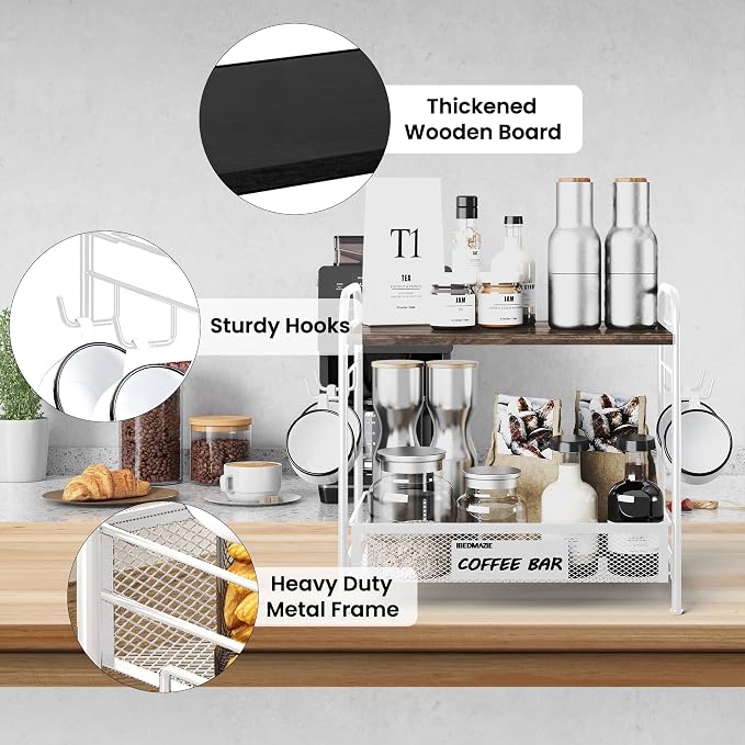 Coffee Bar Organizer for Countertop Station, Simple Assembly 2 Tier Shelf for - Image 5