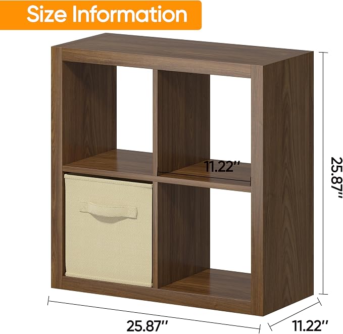 Bookshelf with Storage Bin, 4-Cube Storage Organizer, Modern Wood Open Bookcase - Image 3