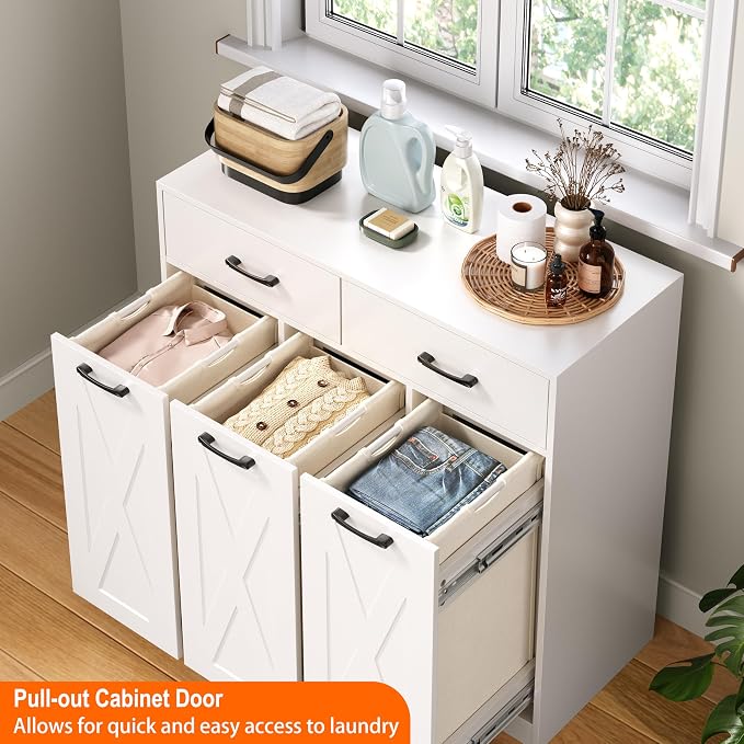 Herture Laundry Hamper Cabinet, Laundry Basket 3 Section - Image 3