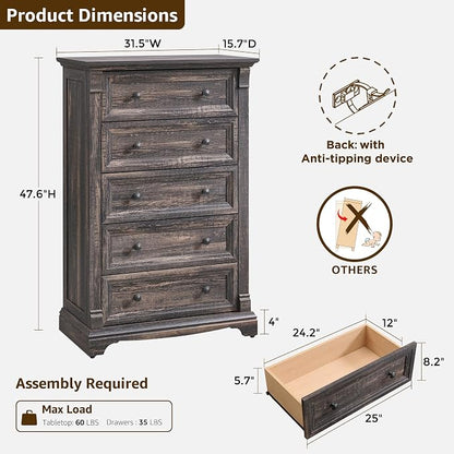 T4TREAM Farmhouse 5 Drawer Dresser - Image 2