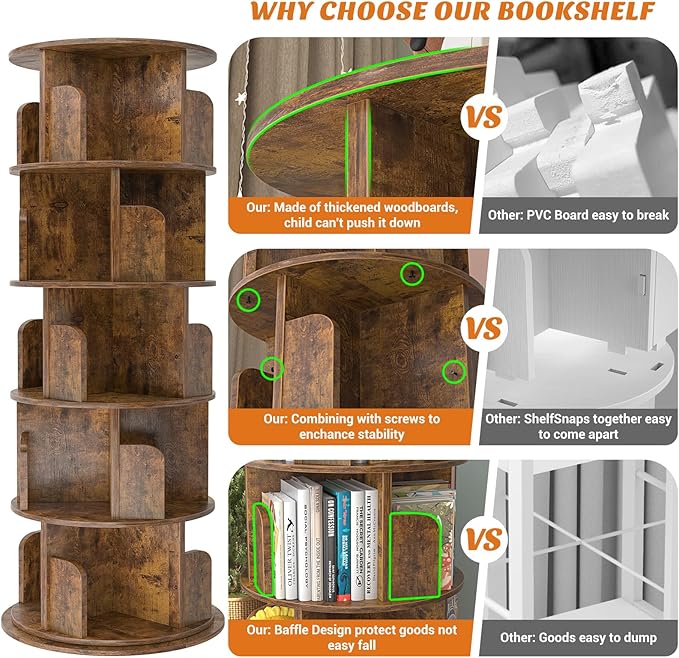 Aheaplus Rotating Bookshelf, 360 Display Wood Spinning Bookshelf Tower - Image 7