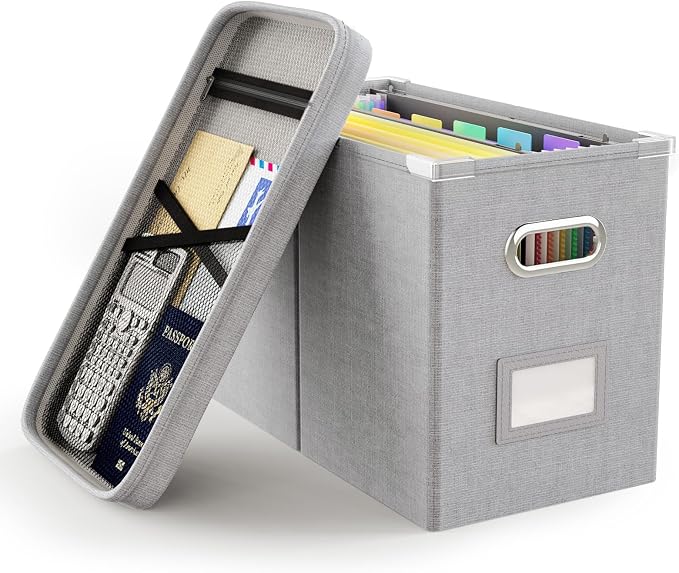 File Organizer with Lid, Hanging Filing Box with Mesh Pocket, Document Organizer by Oterri