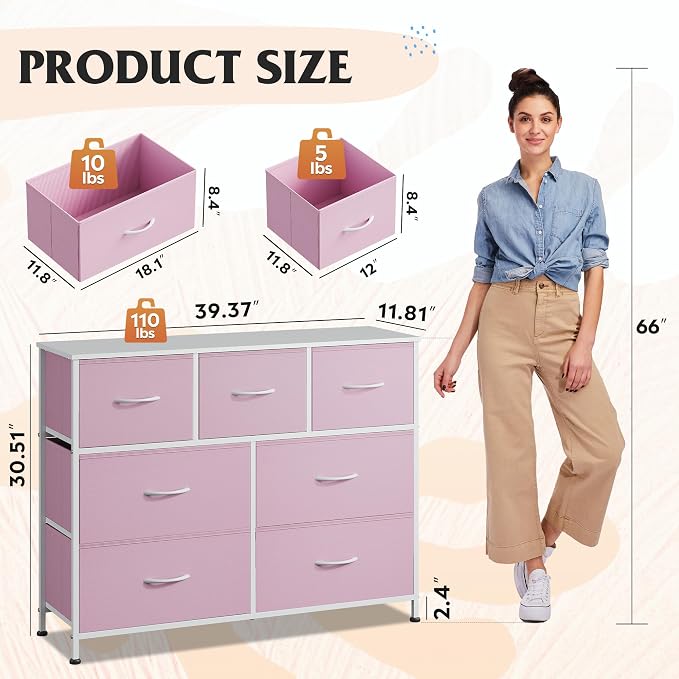 WLIVE Dresser for Bedroom, 7 Drawers, TV Stand, A-Pink | 7 roomy fabric drawers - Image 3