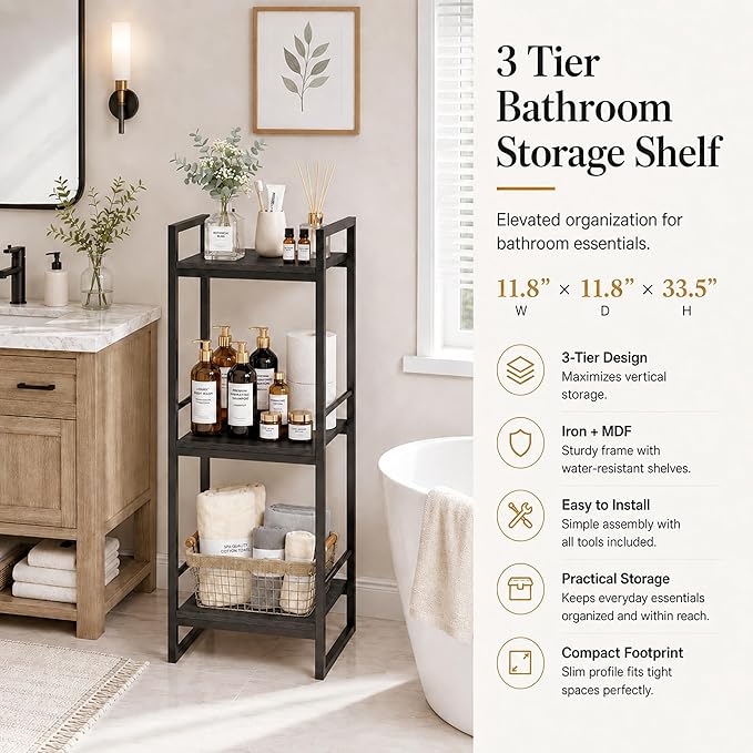 BYFU 3 Tier Bathroom Storage Open Shelf Black Metal Corner Storage Rack | 33.5" - Image 5