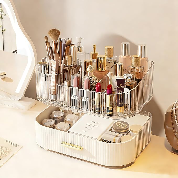 Makeup Organizer with 360° Rotating Brush Holder and Stackable Drawers - Image 4