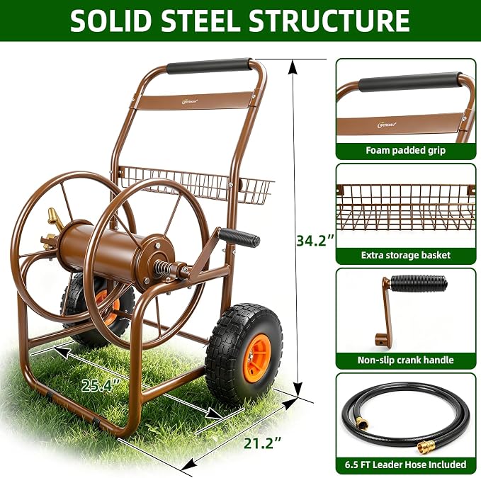 Garden Hose Reel Cart, Heavy Duty Metal w/2 Wheels, Holds 230ft 5/8" | Outdoor - Image 2