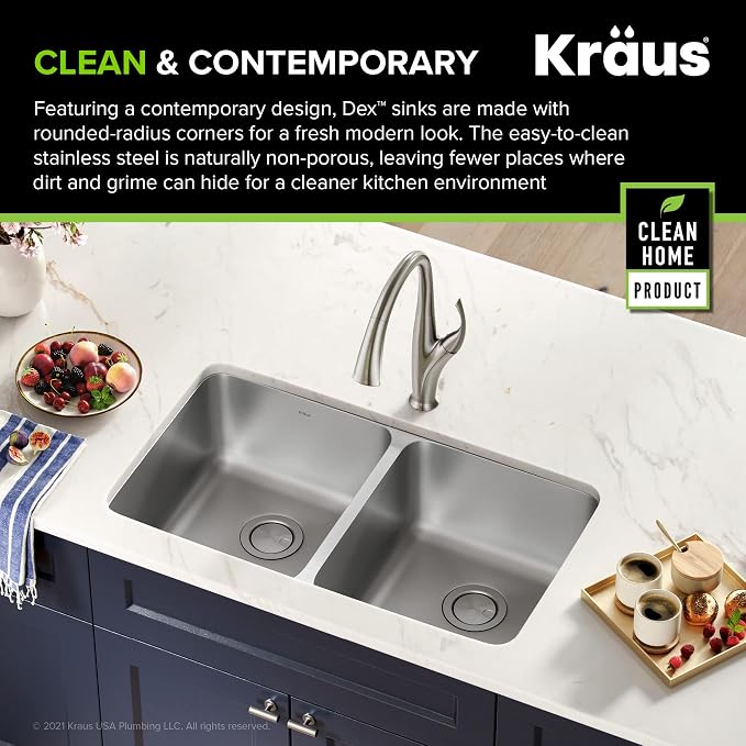 KRAUS Dex 33-inch Undermount 16 Gauge Stainless Steel Double Bowl Kitchen Sink - Image 9