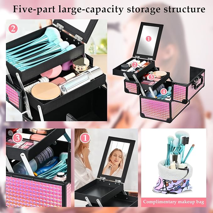 Makeup Case Organizer, Makeup Train Case, Trays Cosmetic Box Portable, - Image 4
