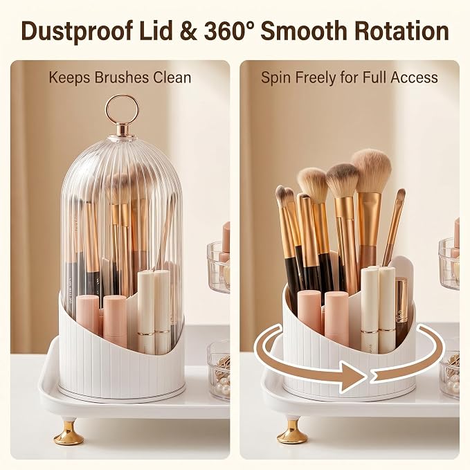 Makeup Brush Holder with Lid, 360 Rotating 3-in-1 Acrylic Organizer - Image 3