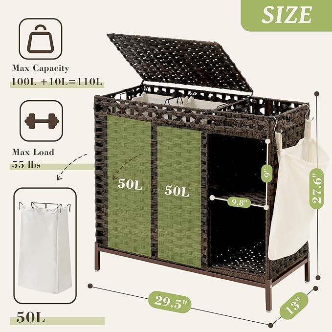 Laundry Hamper with Lid, 110L Rattan Laundry Hamper 2 Section with 50L Storage - Image 3