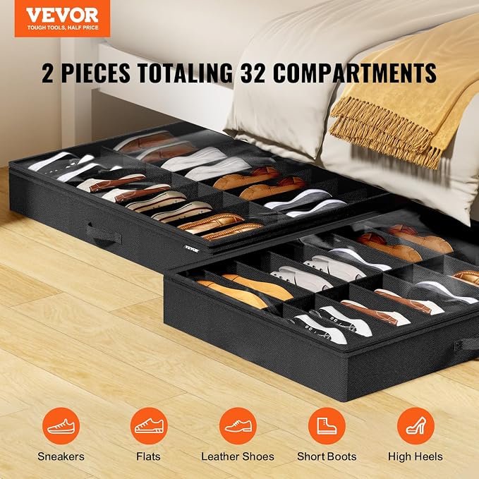 VEVOR Under Bed Shoe Storage Organizer, Total 32 Compartments, Underbed Shoes - Image 2
