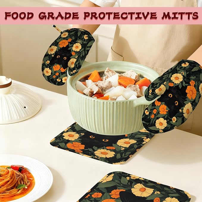 Black Cat Flowers Heat-Resistant Silicone Oven Mitts and Pot Holder 4 Piece Set - Image 7