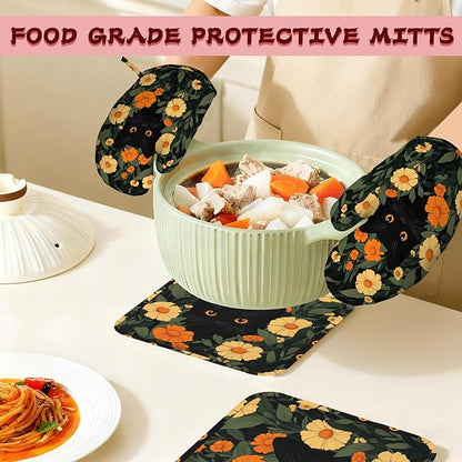 Black Cat Flowers Heat-Resistant Silicone Oven Mitts and Pot Holder 4 Piece Set - Image 7
