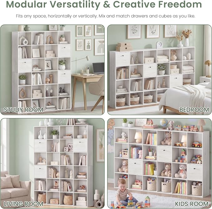 Large 24 Cube Storage Bookshelf, Washed White Wood Bookcase - Image 7