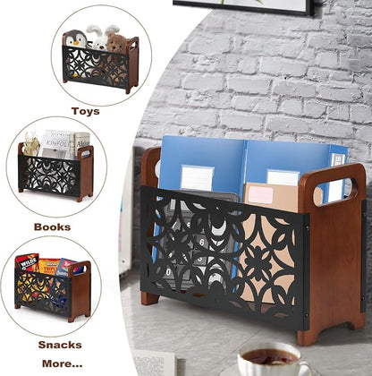 Magazine Holder, Oak Wood Magazine Rack Floor, Lotus Pattern | Rustic Magazine - Image 2