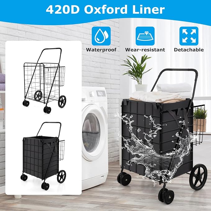Goplus Folding Shopping Cart for Groceries, Upgraded Jumbo Grocery Cart - Image 4
